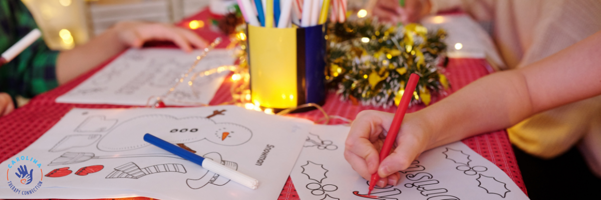 Winter holiday themed fine motor crafts and sensory materials arranged flat lay style to promote handwriting readiness and pencil grip development in children.
