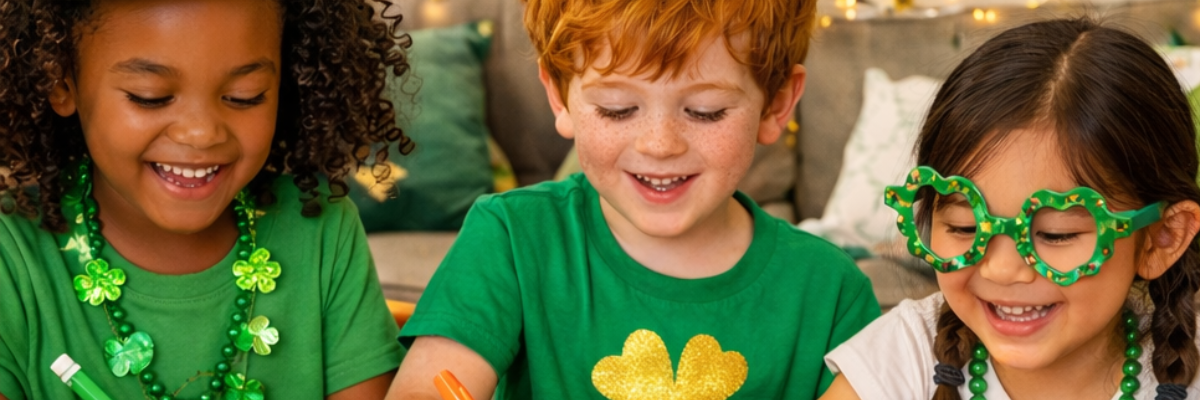 Three kids creating written activities during st.patrick day